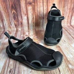 Crocs SWIFTWATER Mens Size 12 Black Mesh Deck Sandals Water Fishing Beach Shoes